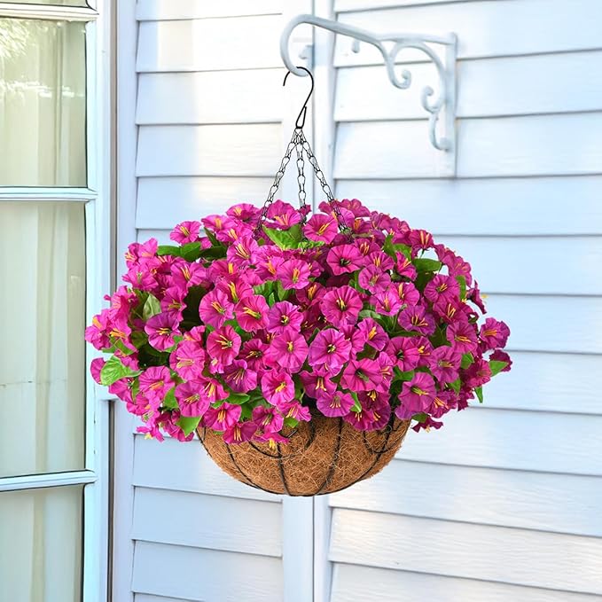 Homsunny Artificial Hanging Flowers Plants with Basket for Outdoors - Fake Petunias Flowers Fake Silk Morning Glory Planter for Outside Porch Patio Balcony Garden Spring Summer Decor(Purple red)