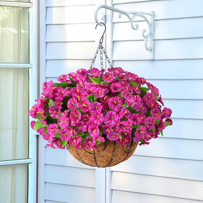 Homsunny Artificial Hanging Flowers Plants with Basket for Outdoors - Fake Petunias Flowers Fake Silk Morning Glory Planter for Outside Porch Patio Balcony Garden Spring Summer Decor(Purple red)