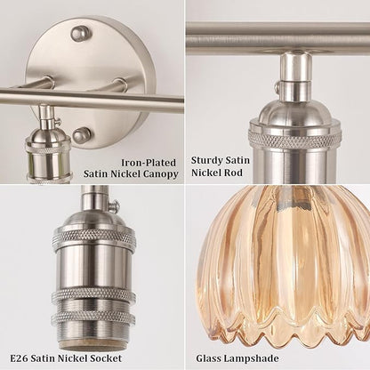 Bathroom Light Fixtures, 3-Light Vanity Wall Light Over Mirror with Amber Tulip Glass Shade for Bedroom Living Room (Bulb Not Included), Satin Nickel