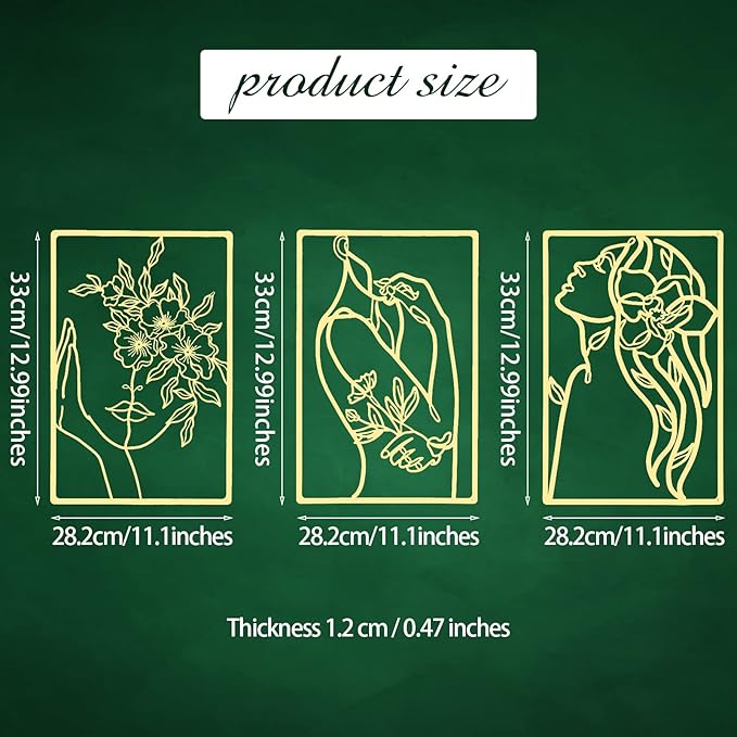 CHENGU 3 Pieces Gold Wall Decor Minimalist Wall Art Metal Line Wall Art Wall Decor for Bedroom Single Line Female for Kitchen Bathroom Living Room(Flower)