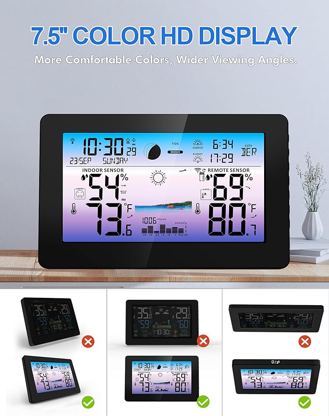 Weather Station Wireless Indoor Outdoor, Digital Thermometer with Accurate Temperature & Humidity, Large Color HD Display with Remote Sensor, Weather Forecast, Atomic Clock, Moon Phase