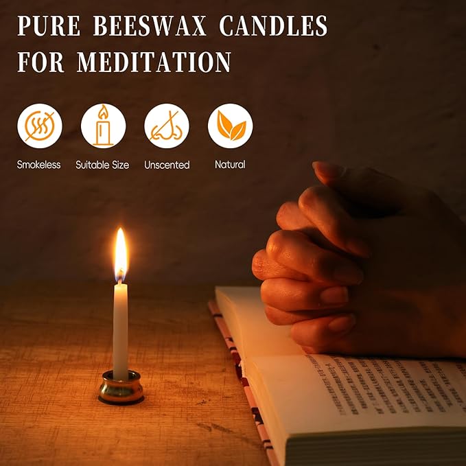 12 PCS Mini Beeswax Taper Candles, 30 Minute White Meditation Candles with Brass Candle Holders, Dripless Mini Beeswax Prayer Candles Gift for Yoga Relaxation (12, White)