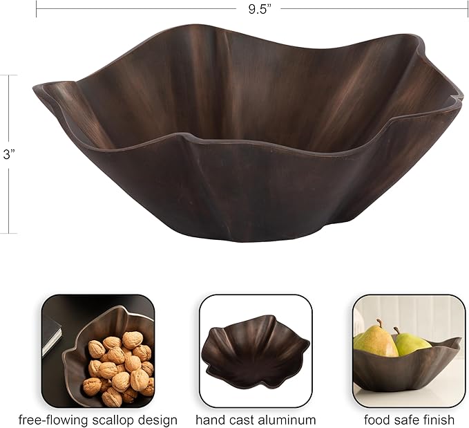 Kate and Laurel Flutte Scalloped Decorative Metal Serving Bowl, 10 x 10 x 3, Bronze, Modern Wavy Fruit Bowl for Kitchen Counter or Use as Tabletop Storage for an Entryway Table