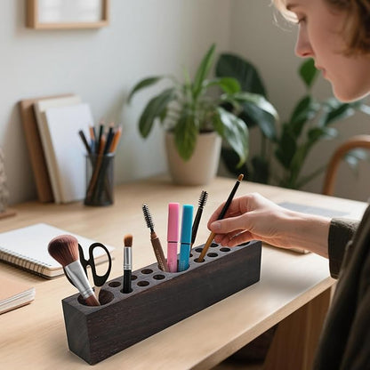 Black Walnut Wooden Pencil Box Wood Pen Holder for Desk Walnut Wooden Office Desk Organizers with 15 Holes for Countertop Pencil Makeup Brush Holder for Table Store Marker Office Supplies