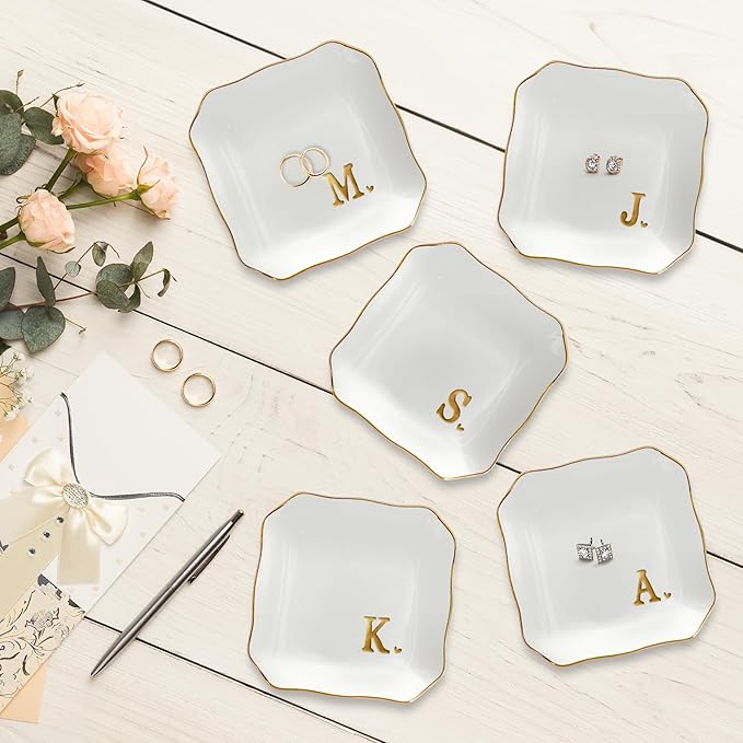 OASSIE Valentines Day Gifts for Her - 4"x4" Initials Ceramic Jewelry Dish Tray Letter J - Engagement Wedding Bridal Shower Gifts for Bride, Bridesmaid Gift, Birthday Gift for Women Teacher Friend
