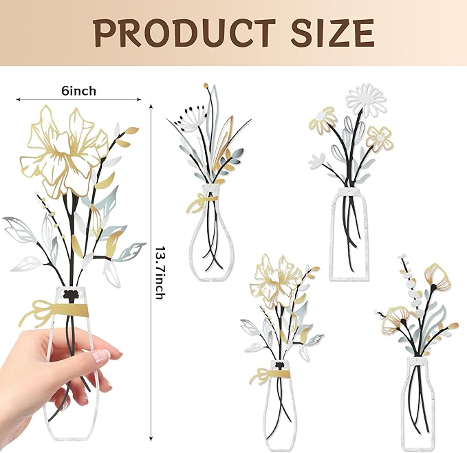 Buseeau 4Pcs Metal Flowers Wall Arts, Rustic Farmhouse Wall Decor Set, Bathroom Wall Art & Metal Wall Art with Included Nails for Bathroom Living Room Dining Room Bedroom, Housewarming Gifts