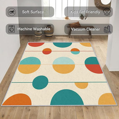 Contemporary Rugs for Living Room - Mid Century Modern Area Rug, 4x7 Rug, Colorful Circle Minimalist Rug & Home Decor, Retro Abstract Carpet & Room Decor, Washable Non Slip Anti Skid Rugs