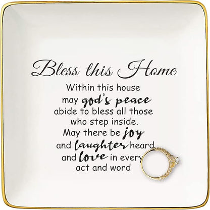 Housewarming Gift for Woman Houseowner,Jewelry Tray, Congrats Gifts of Realtor to Homeowner-Happy New Home Present-First Time New House Present,Trinket Holder Ring Dish-Bless This Home