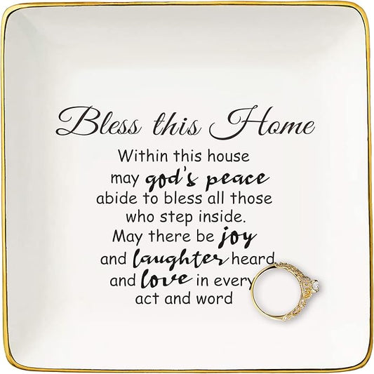 Housewarming Gift for Woman Houseowner,Jewelry Tray, Congrats Gifts of Realtor to Homeowner-Happy New Home Present-First Time New House Present,Trinket Holder Ring Dish-Bless This Home
