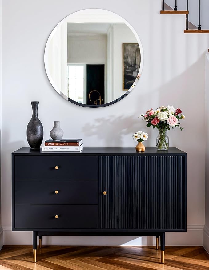 Frameless Round Wall Mirror: Decorative Mirrored Glass Vanity with Beveled Silver Edge for Bathroom Bedroom Livingroom Dining Room Entryway Hallway, 28 x 28 inch