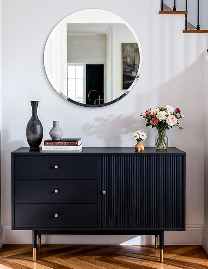Frameless Round Wall Mirror: Decorative Mirrored Glass Vanity with Beveled Silver Edge for Bathroom Bedroom Livingroom Dining Room Entryway Hallway, 28 x 28 inch
