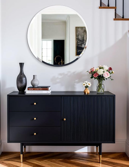 Frameless Round Wall Mirror: Decorative Mirrored Glass Vanity with Beveled Silver Edge for Bathroom Bedroom Livingroom Dining Room Entryway Hallway, 28 x 28 inch