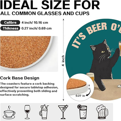 zcyhtqp, It's Beer O'Clock, Funny Absorbent Round Ceramic Stone Coasters Set of 4 with Cork Base, Funny Bar Coasters, Cat Lover, Gifts for Home, Bar, Office Table Décor