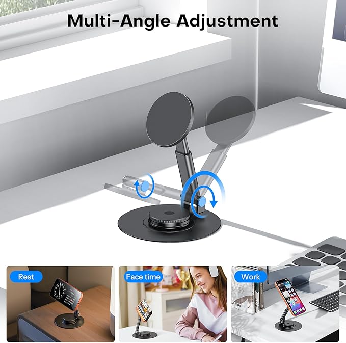 OMOTON 360° Rotating MS05 Magnetic Phone Stand for MagSafe, [Height Adjustable] Cell Phone Stand for Desk with Non-Slip Base, Office Desk Accessories for iPhone 17/16/15/14 Pro Max Air, Black