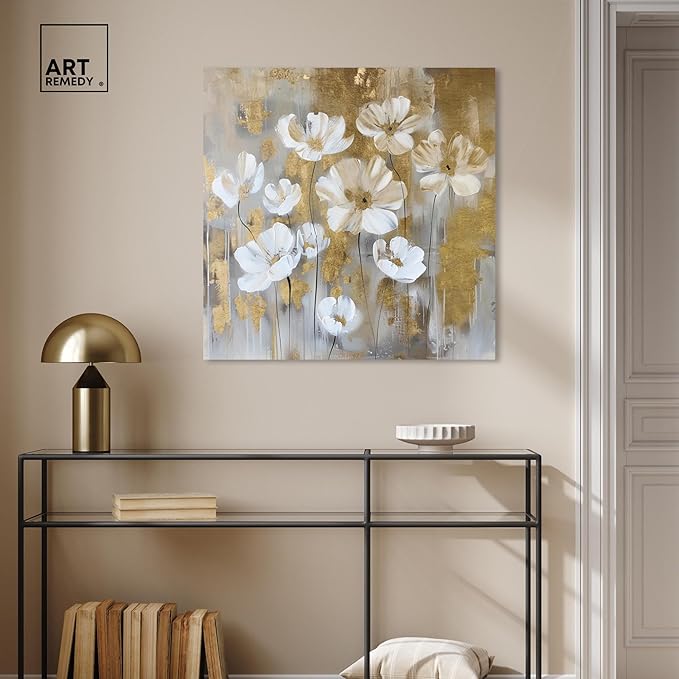 Art Remedy Golden Daisies Canvas Elegant White Gold Wall Art, Gallery Wrapped, 30" x 30"