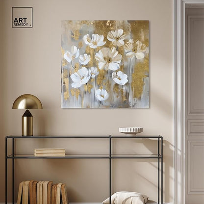 Art Remedy Golden Daisies Canvas Elegant White Gold Wall Art, Gallery Wrapped, 30" x 30"