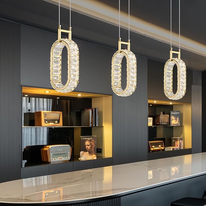 Kitchen Island Mini Light Fixture Modern Led Crystal Pendant Light Gold Oval Chandelier for Dining Room Living Room Kitchen Bedroom Bar（1-Pack