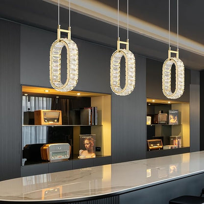 Kitchen Island Mini Light Fixture Modern Led Crystal Pendant Light Gold Oval Chandelier for Dining Room Living Room Kitchen Bedroom Bar（1-Pack