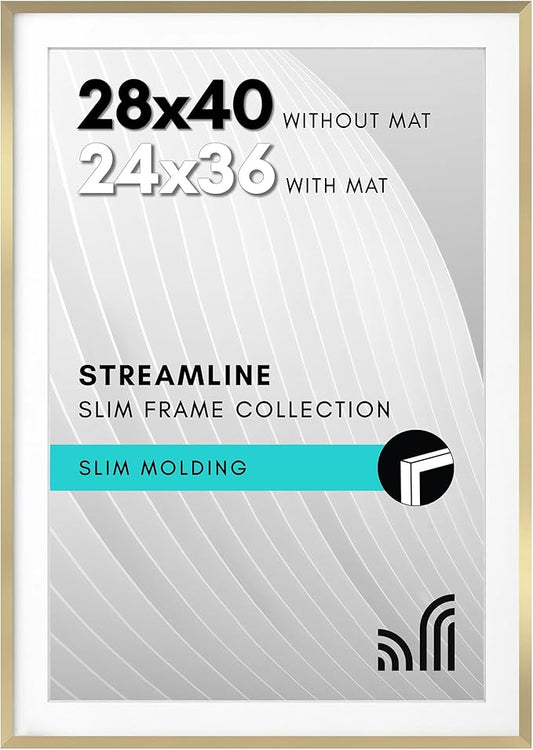 Americanflat 28x40 Poster Frame with Polished Plexiglass - Use as 24x36 Frame with Mat or Display 28x40 Photo Without Mat - Streamline Collection - Thin Border Picture Frames for Wall - Gold