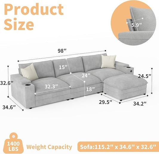 115" L Shaped Cloud Sofa Couch with Ottoman, Storage Armrest, Cup Holders, USB & Type-C Ports, Spring Cushions, Solid Wood Frame, Chenille Modular Sectional for Living Room (Light gray-L-115.2")
