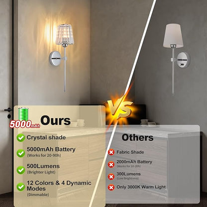 Battery Operated Crystal Wall Sconce Set of 2, Chrome Wireless Wall Sconce with USB Rechargeable LED Light Bulbs 12 Colors Dimmable Crystal Wall Lamp with Remote for Bedroom Living Room Bulbs Included