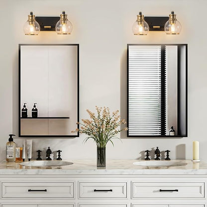 2 Light Modern Bathroom Light Fixtures Over Mirror (LED Bulbs Included), Black Gold Vanity Lights for Bathroom Wall Sconces with Clear Globe Glass Glass Shades