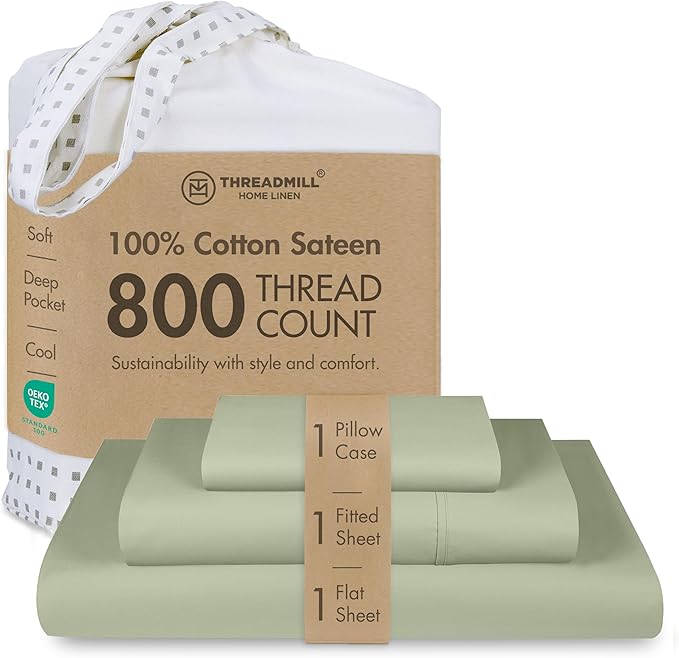 Threadmill Luxury 800 Thread Count Twin 100% Cotton Sheets - Sage Green Bed-Sheets, Sateen Weave Better Than Egyptian Cotton,3 Pc Solid Soft Bedding Set, Fits 15" Deep Pocket