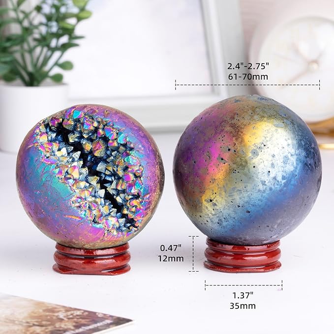 Sportmusies Titanium Coated Rock Crystal Geode Ball with Wooden Stand, Druzy Quartz Stone Cluster Sphere Reiki Home Office Decoration, Multi
