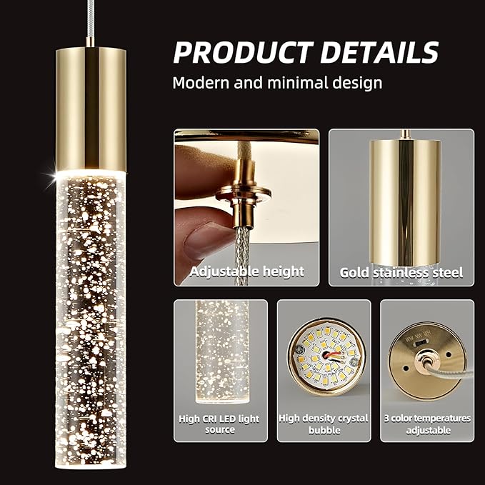OKELI Modern Pendant Light,3 Color LED Bubble Crystal Island Light Fixtures,Gold Mini 3CCT Pendant Lighting for Kitchen Island,Bar,6W,3000-6000K,ETL(3 Pack