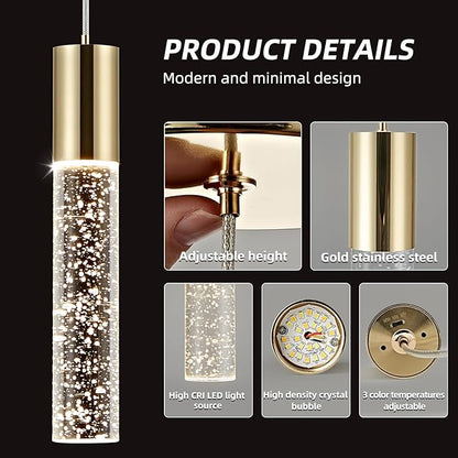 OKELI Modern Pendant Light,3 Color LED Bubble Crystal Island Light Fixtures,Gold Mini 3CCT Pendant Lighting for Kitchen Island,Bar,6W,3000-6000K,ETL(3 Pack