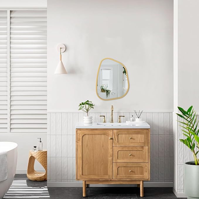 Asymmetrical Accent Mirror for Wall Irregular Oval Wood Frame Modern Unique Wall Mirror Decorative Vanity Bathroom Living Room Bedroom Entryway Hallway Artistic Mirror Small Gold 14"x10"