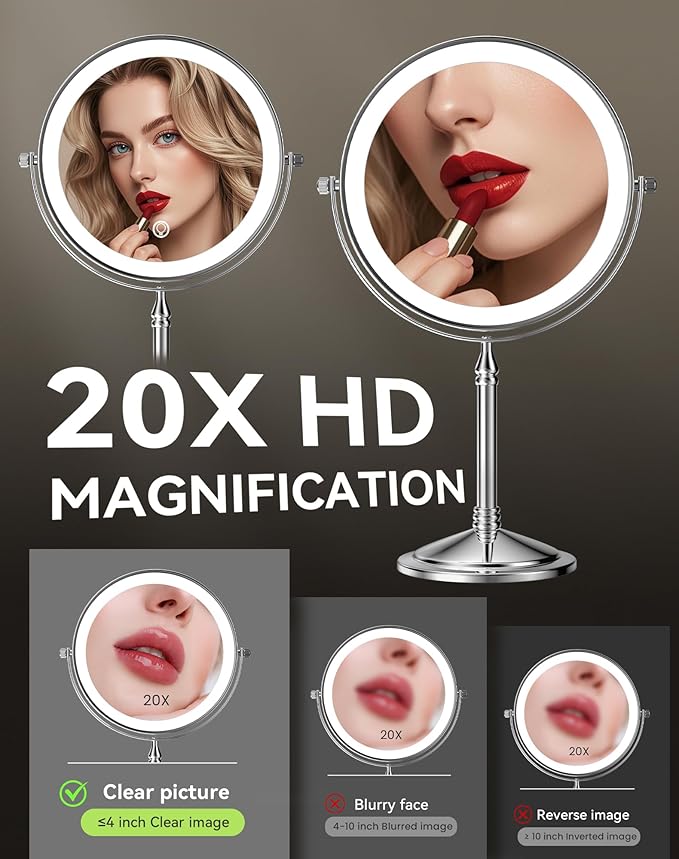 DOWRY 4000 mAh Rechargeable Lighted Makeup Mirror 20x Magnification Vanity Mirror Tabletop Two-Sided Swivel Gifts for Women Wife Mom Teengirls Chrome