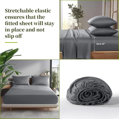 Shilucheng 100% Viscose Derived from Bamboo_ Sheets Cal King Size 6pcs - Ultra Cooling & Silky Soft Bed Sheets, 16" Deep Pocket, Perfect for Hot Sleepers, Hotel Bedding Sheets (Dark Grey)