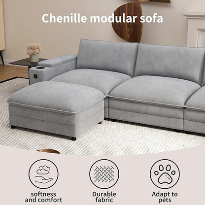 81.5" Loveseat Cloud Sofa Couch with Storage Armrest, Cup Holders, USB & Type-C Ports, Spring Cushions, Solid Wood Frame, Chenille Modular Sectional for Living Room