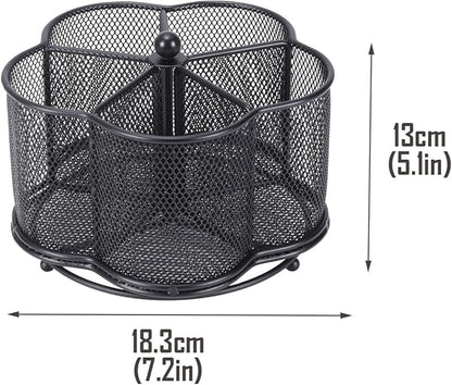 Rotating Pen Holder with 5-Compartment, Metal Mesh Pencil Organizer and Marker Holder for Desk, Crayon Organizer and Spinning Desk Organizer for Office School Supplies, Black