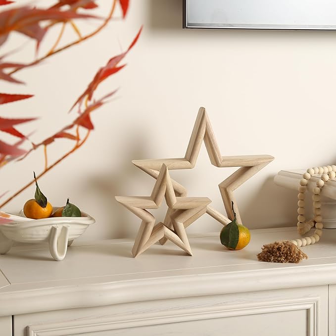 LOSOUR Set of 2 Natural Wood Decor Stars - Coffee Table Decor, Centerpiece, TV Stand, Bookshelf, Desk, Tiered Tray for Living Room, Bedroom, Office