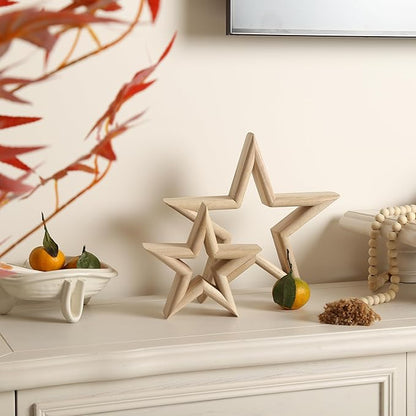 LOSOUR Set of 2 Natural Wood Decor Stars - Coffee Table Decor, Centerpiece, TV Stand, Bookshelf, Desk, Tiered Tray for Living Room, Bedroom, Office