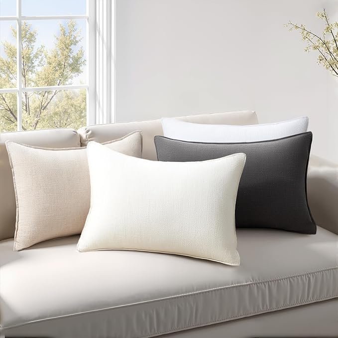 Couch Pillows Set of 4 Soft Linen Solid Lumbar Boho Cushion Cases with Flange Edge Design Mulit-Colour Pillow Covers Home Decor for Bed Balcony and Car Neutral Grey 12x20 Inch