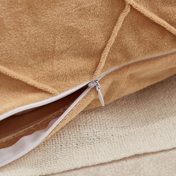 JAUXIO Diamond Pinch Pleated Crystal Velvet Pillowcases 2 Pack Solid Pintuck Throw Cushion Cover for Home Decor Hidden Zipper Closure (Camel, King)