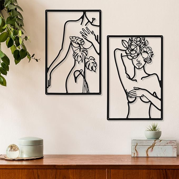 CHENGU 3 Pieces Metal Minimalist Abstract Woman Wall Art Line Drawing Wall Art Decor Single Line Female Home Hanging for Kitchen Bathroom Living Room