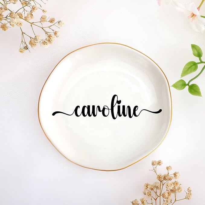 JoycuFF Caroline Personalized Name Ceramic Jewelry Tray, Mothers Day Christmas Anniversary Engagement Birthday Gifts for Women Couples, Trinket Dish for Rings Earrings Necklaces Bracelets Keys
