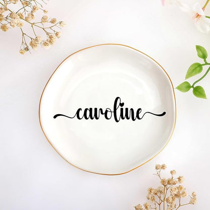 JoycuFF Caroline Personalized Name Ceramic Jewelry Tray, Mothers Day Christmas Anniversary Engagement Birthday Gifts for Women Couples, Trinket Dish for Rings Earrings Necklaces Bracelets Keys