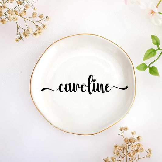 JoycuFF Caroline Personalized Name Ceramic Jewelry Tray, Mothers Day Christmas Anniversary Engagement Birthday Gifts for Women Couples, Trinket Dish for Rings Earrings Necklaces Bracelets Keys