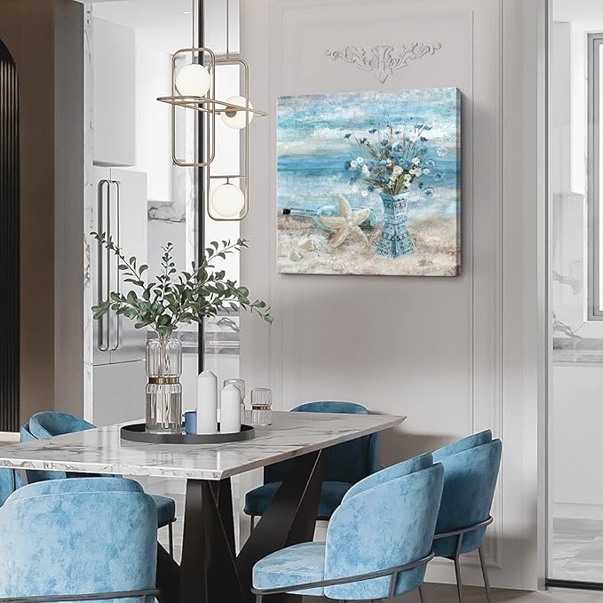 Large Canvas Wall Art for Living Room Blue Beach Wall Decor Ocean Theme Print Seaside Framed Artwork for Bedroom Bathroom Abstract Seascape Painting Coastal Flower Picture Home Office Decor 30x30inch