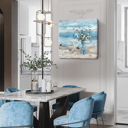 Large Canvas Wall Art for Living Room Blue Beach Wall Decor Ocean Theme Print Seaside Framed Artwork for Bedroom Bathroom Abstract Seascape Painting Coastal Flower Picture Home Office Decor 30x30inch