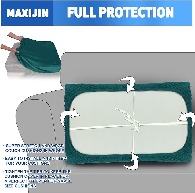 MAXIJIN Velvet Stretch Couch Cushion Covers Soft Loveseat Cushion Cover Replacement Sofa Seat Cushion Slipcovers RV Protector with Elastic Bottom (1 Piece Loveseat Cushion Cover, Blackish Green)