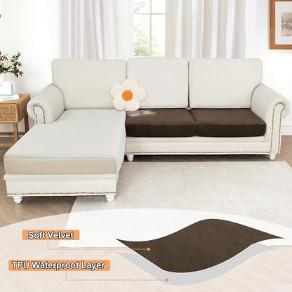 NAISI Waterproof Couch Cushion Covers Thick Velvet Fabric Washable Sofa Slipcovers 2 Pieces Individual Sectional Couch Covers with Elastic Bottom(2 Pcs for 2-Seat or Backrest,Caramel)