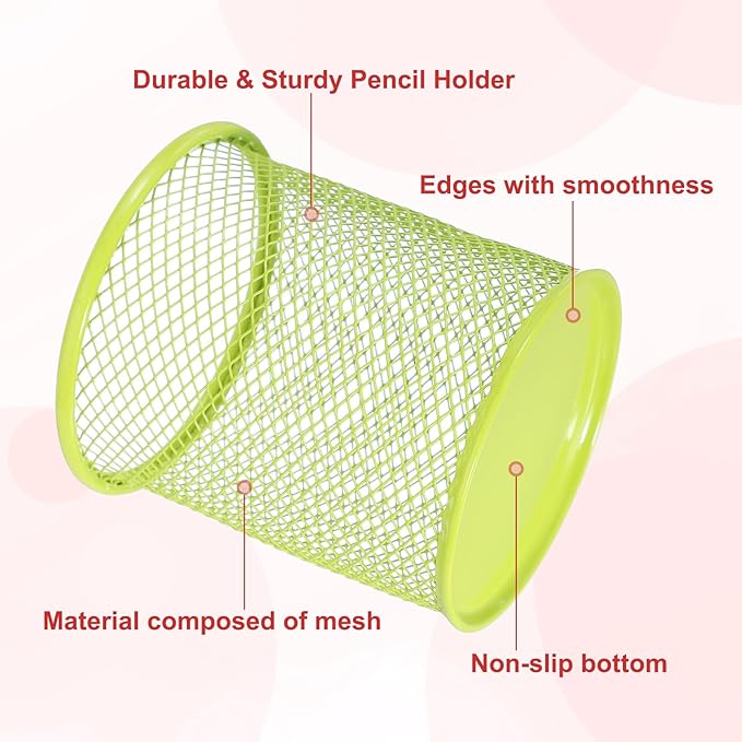 uxcell 2Pcs Mesh Pencil Holder, Metal Pen Cup Desk Organizer Makeup Brush Cup Holder for Home, Office, Classroom(Green)