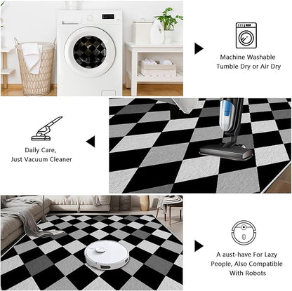 Black and White Rug 5x8, Rhombus Geometric Soft Ultra Soft Faux Wool Low Pile Rug, Indoor Floor Mats Carpet, Non-Slip Stain Resistant Washable Rugs, Modern Abstract Checkered Rugs for Living Room