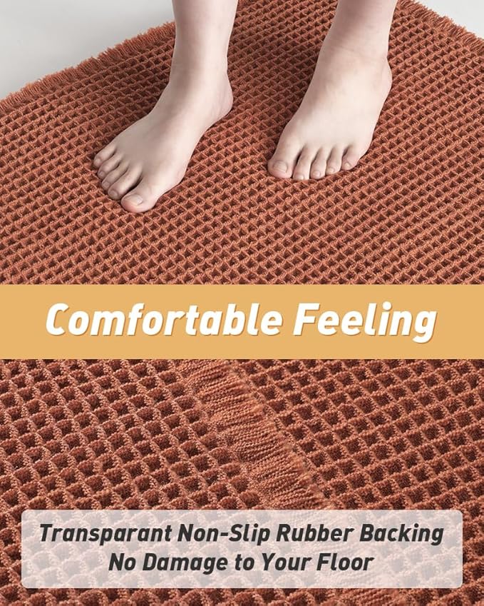 AMOAMI Upgraded Waffle Bath Mat, Super Absorbent Non Slip Bath Mats for Bathroom Floor, Machine Washable Bathroom Rugs with Tassels, Rubber Backed Bathroom Mats, Ultra Soft, 17" x 24", Dirty Orange